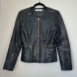Mango Leather Jacket Black Women Small Full Zip Gold Hardware Collarless Pockets